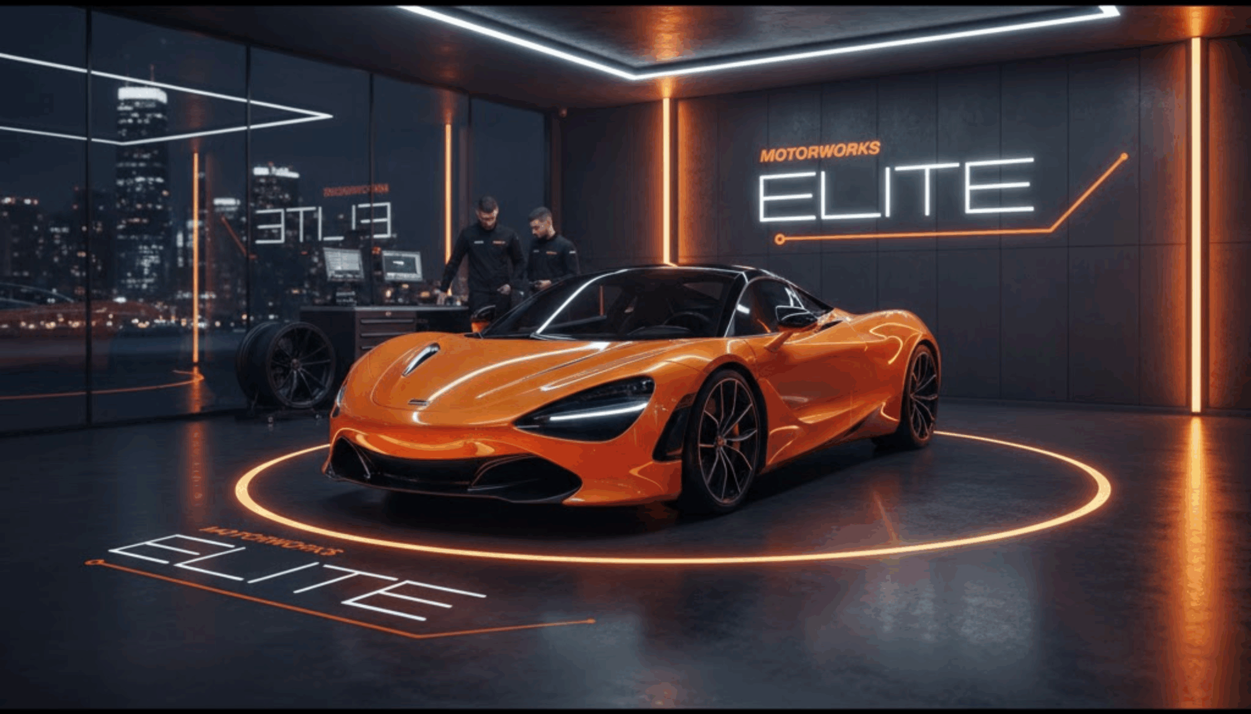 Orange performance car staged inside Elite Motorworks
