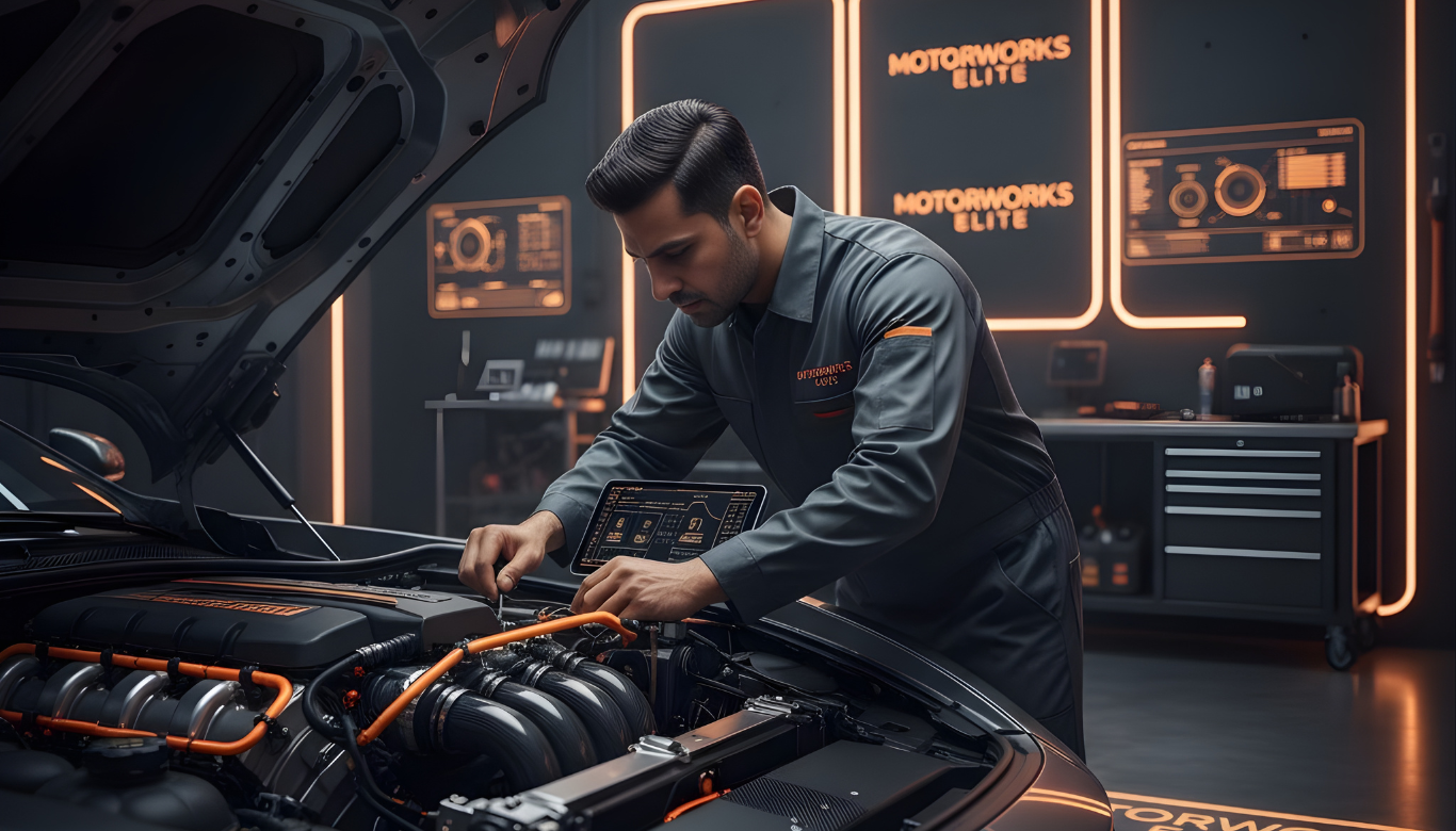 Elite Motorworks technician working on engine bay