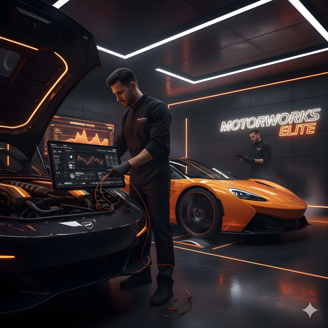 Technician presenting diagnostics beside an orange car