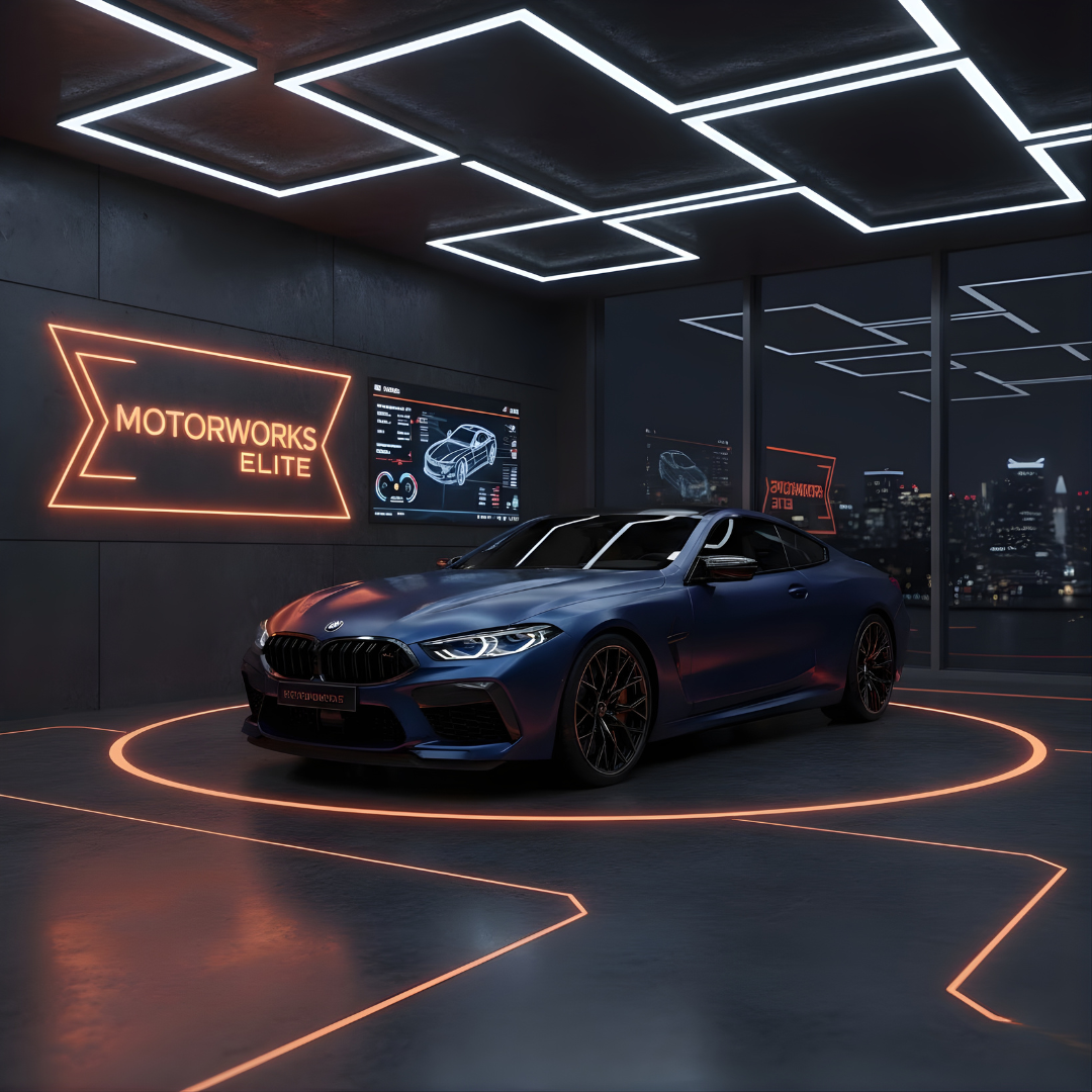 Black executive sedan inside Elite Motorworks