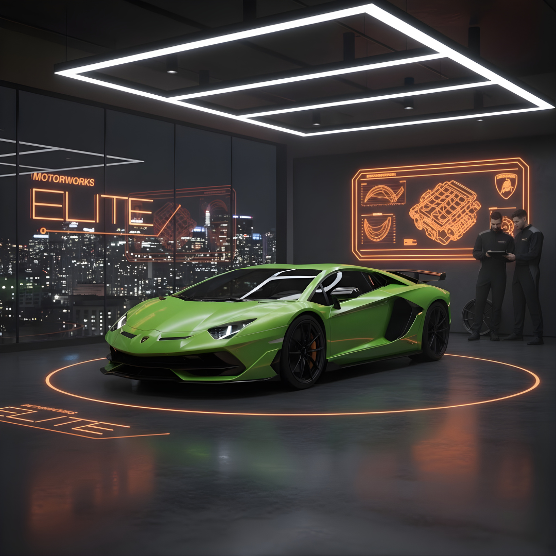 Green Lamborghini inside Elite Motorworks
