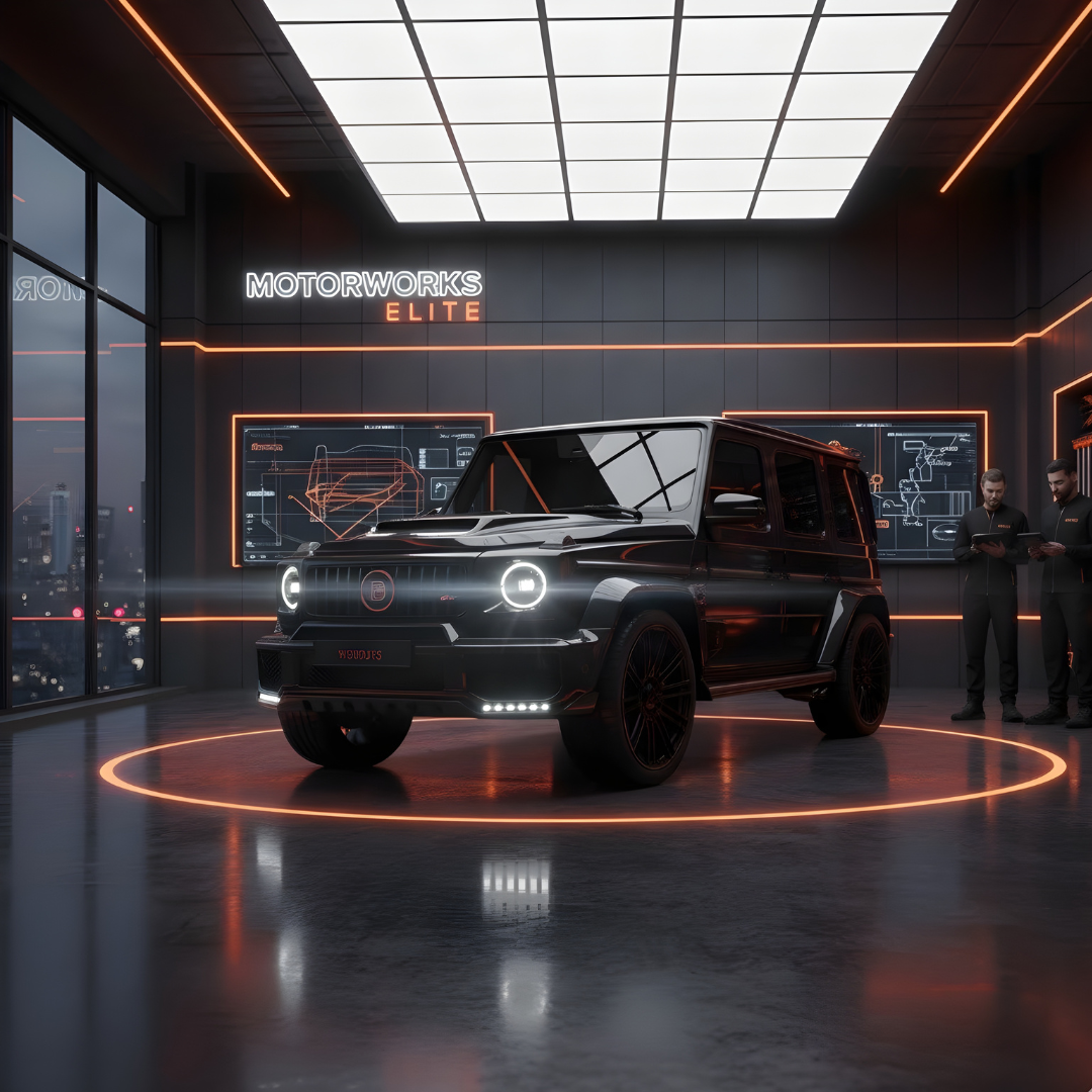 Luxury SUV inside Elite Motorworks showroom